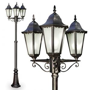Lampe d'extérieur à 3 bras, candélabre en noir, E27, éclairage de jardin en fonte d'aluminium avec vitres, lanterne pour l'extérieur, lampe d'allée de jardin, hauteur 220 cm, vintage, sans ampoules (hofstein, neuf)