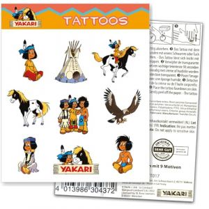 Lot de 9 tatouages &laquo; Yakari &raquo; pour anniversaire d'enfant et f&ecirc;te &agrave; th&egrave;me indien - Set de tatouages pour enfants Sioux (Dekospass-Partystore, neuf)