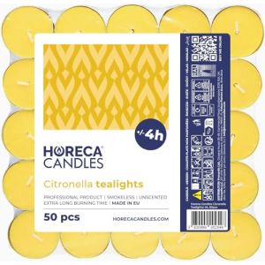 Horeca Candles - Bougies Chauffe-plat Citronnelle - Lot de 50 Bougies Parfum&eacute;es - Dur&eacute;e de Combustion 4 Heures - Jaune - Pour l'Ext&eacute;rieur, Balcon, Pique-nique, Camping (Provantis EU, neuf)