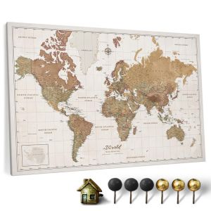 Carte du monde en toile avec tableau d'affichage en liège - Labels en anglais - Décoration murale décorative pour toutes les pièces - Tableaux sur toile (90x60 cm, Motif 16) (canvascale_maps, neuf)