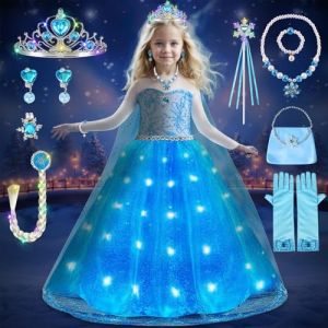 COYBTO Robe Princesse Fille, LED Robe Reine des Neiges Anna avec Perruque Lumineuse Couronne Princesse Ensemble, Deguisement Princesse Elsa, Robe de Princesse Elsa pour Carnaval (GAB GELH, neuf)