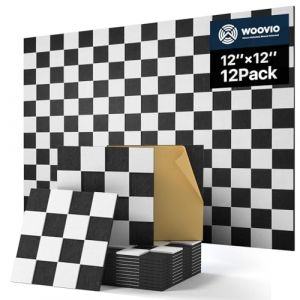 Woovio Plaques Acoustiques Autocollantes 12 Pi&egrave;ces, Isolant Phonique en Polyester 30x30x0.9cm, Isolation Phonique Murale pour Studio Bureau Gaming D&eacute;co, Damier Noir-Blanc (Woovio-EU, neuf)