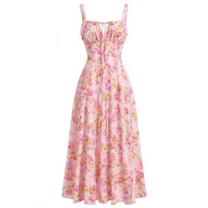 Odizli Robe longue d'&eacute;t&eacute; sexy, sans manches, pour femme, avec bretelles spaghetti, style boh&egrave;me, motif floral, fente, Rouge/rose, M (Odizli store, neuf)