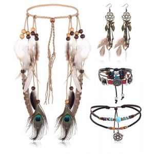 LOLIAS 4 Pi&egrave;ces Coiffe Indienne Ensemble Collier Cuir Boucles d'oreilles Plumes pour Femmes Bracelet Fait Main Vintage Boho Hippie Tribal Th&egrave;me F&ecirc;te Carnaval Bijoux (LoliasEU, neuf)