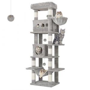 Hzuaneri 170 cm Grand Arbre à Chat, Tour à Chat pour Chats d'intérieur, avec Grand Perchoir, Tapis Lavable, 2 Niches Chats, 8 Griffoirs, Hamac, Pompons, Gris Clair MS17018LG (Hzuaneri FR, neuf)