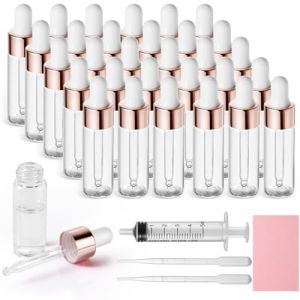 Nadisean 30 Pièces Mini Flacon Pipette en Verre avec Pipettes, 5ml Flacon Compte Gouttes en Verre, Flacon Huile Essentielle Vide en Or Rose 5ml avec 2 Pipettes pour Huile, Massage，Parfum (Shengen, neuf)