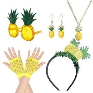UILYNIU 7 Pcs Ensemble de Costume Ananas, Diadème Ananas, Lunettes de Soleil Ananas, Boucles Oreilles Ananas, Collier Aananas, Gants Jaune, Déguisement Hawaïen Ananas Femme pour Fête Carnaval (7 Pcs) (XIMO EU, neuf)