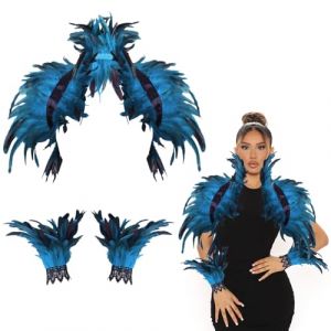 Herbst Col &agrave; plumes avec manchettes en plumes, cape gothique, cape en plumes, cape d'&eacute;paule, costume de corbeau pour femme, bleu, taille unique (Everydayamz, neuf)