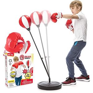 Whoobli Sac de frappe pour enfants avec gants de boxe | Sac de frappe réglable avec support | Sac de boxe pour garçons et filles (rouge et blanc) (KP EUROPE, neuf)