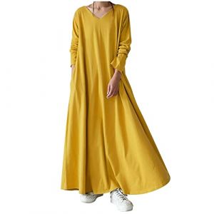 TRIGLICOLEUM Robe longue pour femme - Vintage uni - Hiver - Kaftan ample et d&eacute;contract&eacute; - Manches longues - Col en V - Pull-robe - Chaud - Coton - Maxirobe - Robe de loisirs - Robe quotidienne de (yishu`poe, neuf)