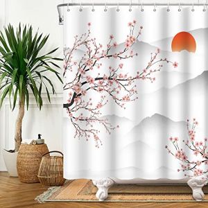 SDOTPMT Rideau de douche 180 x 198 cm en forme de fleur de cerisier asiatique, mont Fuji, branche de p&ecirc;cher, rideau de baignoire, rideau de bain pour d&eacute;coration de salle de bain en tissu imperm&eacute;able (SDOTPMT, neuf)