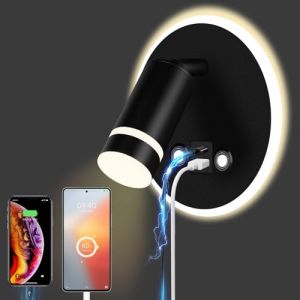 HUIZHOU lampe de lecture murale LED applique tactile 3 température de couleur 12W port de charge USB 350 ° lit pivotant lampe de lecture salon chambre à coucher (Rond noir) (HUIZHOU, neuf)