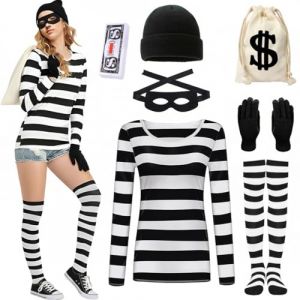 D&eacute;guisement de Voleur Homme Femme Prisonnier Costume Braqueur de Banque Manches Longues Ray&eacute;es Noires et Blanches Casquette Gants Patch Sac Esp&egrave;ces en Dollars Carnaval Halloween (Femme, M) (HarnyLoom, neuf)