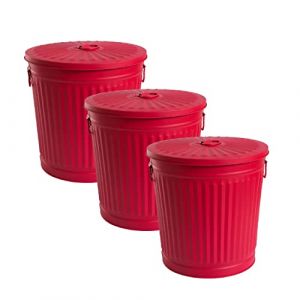 Jinfa | 3 Jeux Poubelle en m&eacute;tal galvanis&eacute; avec poign&eacute;es et Couvercle | Rouge | Diam&egrave;tre &Oslash; 42 cm - Hauteur 47,5 cm | Capacit&eacute;: 62 litres (HDhomeart, neuf)