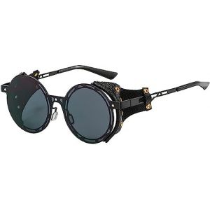 Lunettes de soleil rondes polaris&eacute;es r&eacute;tro steampunk pour hommes et femmes lunettes de soleil en m&eacute;tal mode cuir avec panneau lat&eacute;ral style gothique lunettes de soleil rondes (Une taille,Noir 1) (ZihangDirect, neuf)