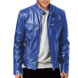 Veste en cuir PU pour homme, noir, couleur unie, blouson de motard, chaud, coupe-vent, avec poches, pour les sports de plein air, style vintage, bleu, XL (JUNLIANGDEDIAN, neuf)