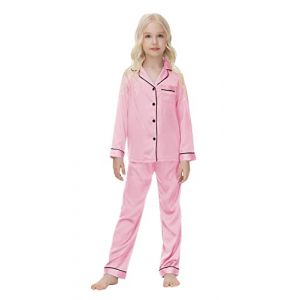 Verve Jelly Enfant en bas &acirc;ge b&eacute;b&eacute; gar&ccedil;ons filles pyjama en satin &agrave; manches longues chemise boutonn&eacute;e et pantalon long v&ecirc;tements de nuit de couleur unie 2 pi&egrave;ces ensemble rose 140 9-10 ans (kuersi eu, neuf)