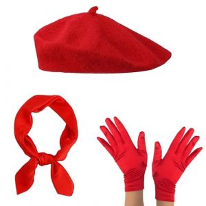 KHDULQ Chapeau B&eacute;ret Fran&ccedil;ais Costume Rouge,Beret Femme Foulard Gants a La Fran&ccedil;aise Foulard en Soie Chapeau Vintage Artiste &Eacute;l&eacute;gant Berret Basque Cadeaux de Vacances pour Femmes Th&egrave;me D&eacute;guisement (ZHELYAZKO TRANS STORE, neuf)