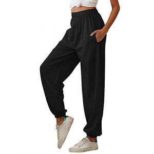 Nuofengkudu Femme Sarouel Jogging Pantalon Uni Ample avec Poches Elastique Taille Haute Baggy Fitness Tracksuit Bottoms Mode Classique Sport Harem Pants Danse Casual(Mince-Noir,M) (better Life, neuf)