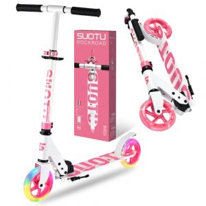 SUOTU Trottinette pour Enfants avec 2 Roue Lumineuse de 14,5 cm, Pliable, Hauteur Réglable, Scooter pour Garçons et Filles de 3 à 12 Ans, Charge Max. 50 kg, Aluminium (Blanc- Rose) (Uni-Phoenix, neuf)