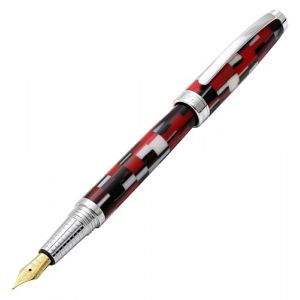 Xezo Stylo-plume Urbanite II, plume moyenne. Acrylique à carreaux rouge, noir et blanc sportif sur laiton. Plaqué chrome. Fabriqué à la main, édition limitée, numérotée (XEZO, neuf)