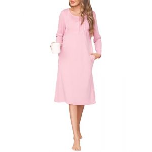 Wikoan Chemise de Nuit Coton Femme Chemises de Nuit Manches Longues Confortable Nuisette Longue avec Poches Robe Automne Hiver Rose Clair S (Wikoan Direct, neuf)