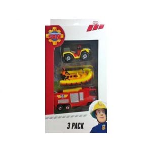 cavernedesjouets Coffret Sam Le Pompier 3 v&eacute;hicules en m&eacute;tal : Quad - Bateau Neptune - Camion Jupiter - Set Voiture Miniature + 1 Carte Tigre (cavernedesjouets, neuf)