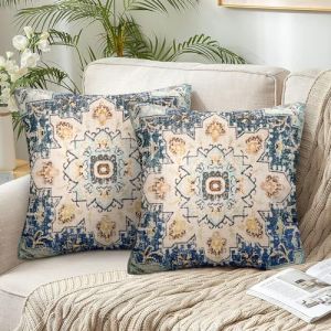 Housse Coussin 40x40 Taie Oreiller Boheme Lavable Lot de 2 Mandala Motif Floral Lin Housse de Coussin Boho Vintage Housse et Taie Salon D&eacute;coratif pour Maison Chambre Canap&eacute; Jardin (Fleurs Bleues) (Inhobbok Home, neuf)