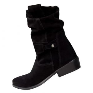 Bottes en daim &agrave; enfiler &agrave; bout pointu &agrave; talon bas pour femme | Confortables Bottes &agrave; boucle mi-mollet avec bout pointu &agrave; talon bas Bottes de marche confortables Bottes chaudes d'hiver Bottes de (phugahg, neuf)