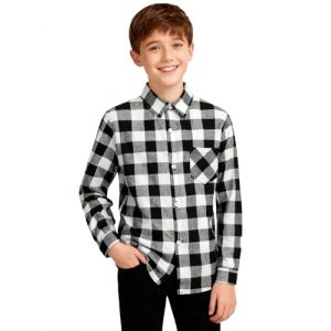 mintgreen Gar&ccedil;on Coton Manche Longue Plaid D&eacute;contract&eacute;e Chemise, Blanc Noir, 6-7 Ans, 130 (A&J DESIGN, neuf)