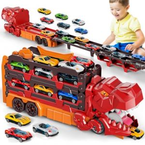 Jeu de dinosaure pour enfants de 2 &agrave; 5 ans, camion transporteur de piste de course avec 12 voitures de jouet, porte-voiture pliable de 150 cm (59 pouces), cadeau d'anniversaire pour (Heke Toys, neuf)
