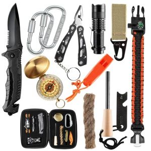 Kit de Survie- Trousse de Survie - kit Survie de randonnée – Lampe Torche - Couteau - firesteel - Sifflet de Survie-Boussole – pour Camping, randonnée, Militaire et Chasse (TINALAND, neuf)