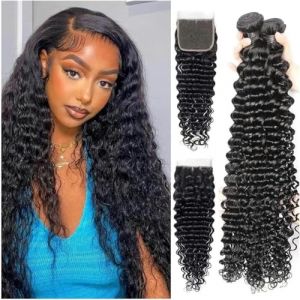 Tissage de cheveux humains Tissage de cheveux humains avec fermeture Extensions de tissage de cheveux humains Deep Wave Tissage de cheveux noirs avec dentelle frontale pour femmes noires Extensions de (yichangshikaiyisishangmaoyouxiangongsi, neuf)
