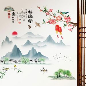 COVPAW Sticker mural paysage chinois peinture salon autocollant mural chambre montagne rivi&egrave;re hibou rose japonais sticker mural chambre d'enfant cuisine bureau d&eacute;coration murale (COSAFE, neuf)