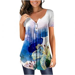 Chic Et &Eacute;l&eacute;gant Chemisier Femme Manches 3/4,T Shirt Imprim&eacute; Fleurs avec Pliss&eacute;,Tee Shirt Col en V Blouse De Boheme Hauts avec Boutons,D&eacute;contract&eacute;e Tunique &Eacute;t&eacute; Plage Travail Tunique Tops (Wyongtao❖, neuf)