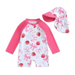 HodJIU Maillot de Bain Bébé Fille Anti-UV Combinaison Natation Piscine à Manches Longues + Chapeau de Bain Ensemble Swimwear Nouveau-né (Rose Fraise Nœud, 3-6 Months) (Haikouxunchuanhandianzishangwuyouxiangongsi, neuf)