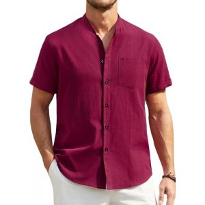 Enlision Chemise en Lin Homme Manche Courte &Eacute;t&eacute; D&eacute;contract&eacute;e Chemise Bourgogne Col Mao Boutonn&eacute;es Casual Henley Shirts Coton Lin Homme de Mariage Travail L (MXECEUR, neuf)