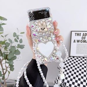 CrazyLemon pour Samsung Galaxy Z Flip 4 Clear Mirror Case avec Lani&egrave;re Perl&eacute;e, Luxe Glitter Glitter Bling Strass Lapin Design avec Love Mirror &Eacute;tui de Protection pour Femmes Filles (CrazyLemon-EU, neuf)