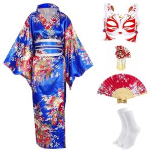 CRFASIBE 5 Pi&egrave;ces Kimono Japonais Femme, Motif Floral Kimono Robe, Japonais Peignoir Yukata Geisha, D&eacute;guisement Cosplay Costume Set avec Accessoires (Bleu) (YEEGERINC, neuf)