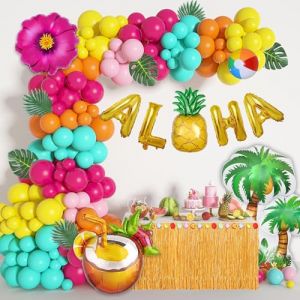 188Pcs Tropical Ballon de Plage Décoration Palmier Gonflable Fleur Flamant Rose Vif ALOHA Ananas Aluminium Ballons pour Pool Summer Party Decoration Déco Hawaienne Anniversaire Fille Deco Hawai Fête (BlueCloudy, neuf)