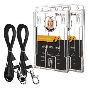 Teskyer 2 Pièces Porte Badge en Plastique dur avec Lanière, Porte Badge Tour de Cou, Porte-nom Vertical Transparent pour Carte d'identité, Noir (Shamall EU, neuf)