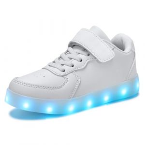PADGENE Chaussures Enfants Gar&ccedil;on Fille Basket LED Lumineuse 7 Couleurs Clignotants USB Rechargeable Securit&eacute; Mode, Blanc Boucle, 28 EU (Padgene-FR, neuf)