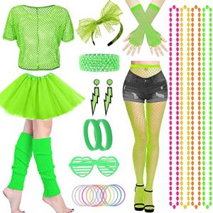 28PCS Déguisement Année 80 Accessoire Femme, Années 80s Disco Costume avce Tutu Fluo Hauts Gants Résille Collant Colliers Lunettes Bandeau Jambières Bracelets pour Femme Années 80s 90s Fête Néon (nuo-wd, neuf)