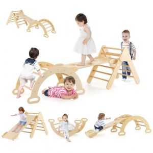 GOPLUS 7 en 1 Triangle Arche Montessori, Arche d'escalade Enfants avec Toboggan Bois,Rampe, Échelle Réglable, Charge 50KG, pour Tout-Petits Bébé 1 Ans+(Naturel) (Augenstern24, neuf)