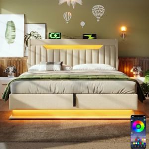 Lit 140x200 avec Sommier LED et USB C, Lit Coffre 140x200 avec coffre hydraulique et tête de lit coffre, Lit Double avec à Lattes Lit 2 Personnes, Lit Rembourré Cadre de lit en Lin Beige(Sans Matelas) (OOIILLEE, neuf)