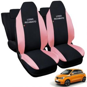 Rebeca Shop® Housses de siège auto compatibles pour Twingo avec sièges arrière divisés, lot de 6, différentes couleurs (noir/rose, pour Twingo 3a série avec logo) (Rebecashop, neuf)