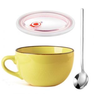 Grande Tasse à Café, 700ml Bol D'avoine, Tasse à Cappuccino, Bols de Salade, Réutilisable Bols à Café avec Anse, Bol à Soupe en éramique Avec Couvercle et Cuillère, Für Teestuben, Cafés (Jaune) (HXXWEUS STORE, neuf)