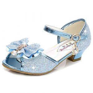 Eleasica Fille Haute Qualité Chaussures de Princesse Elsa Cendrillon Paillettes Sandales Argenté Bleu Doux Halloween Noël Anniversaire Ballerine à Talon Déguisement Size 26-38 17.5-23.5cm Cosplay (Eleasica, neuf)