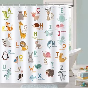 Bonhause Rideau de Douche pour Enfants ABC Alphabet Animaux Rideau de Bain Tissu Polyester Anti Moisissure Imperm&eacute;able Lavable Salle de Bain 180 x 180 cm avec 12 Crochets pour Baignoire (Bonhause EU, neuf)