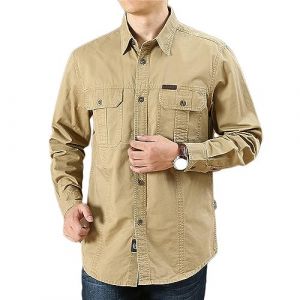 Hommes &agrave; Manches Longues Militaire Boutonn&eacute; Cargo Chemise Coton Tactique Formation Randonn&eacute;e Travail Lot de Chemises Veste en Jean Homme Longue Blouson S&eacute;chage Pas Cher Et&eacute; (Kaki,L,L) (JIER, neuf)
